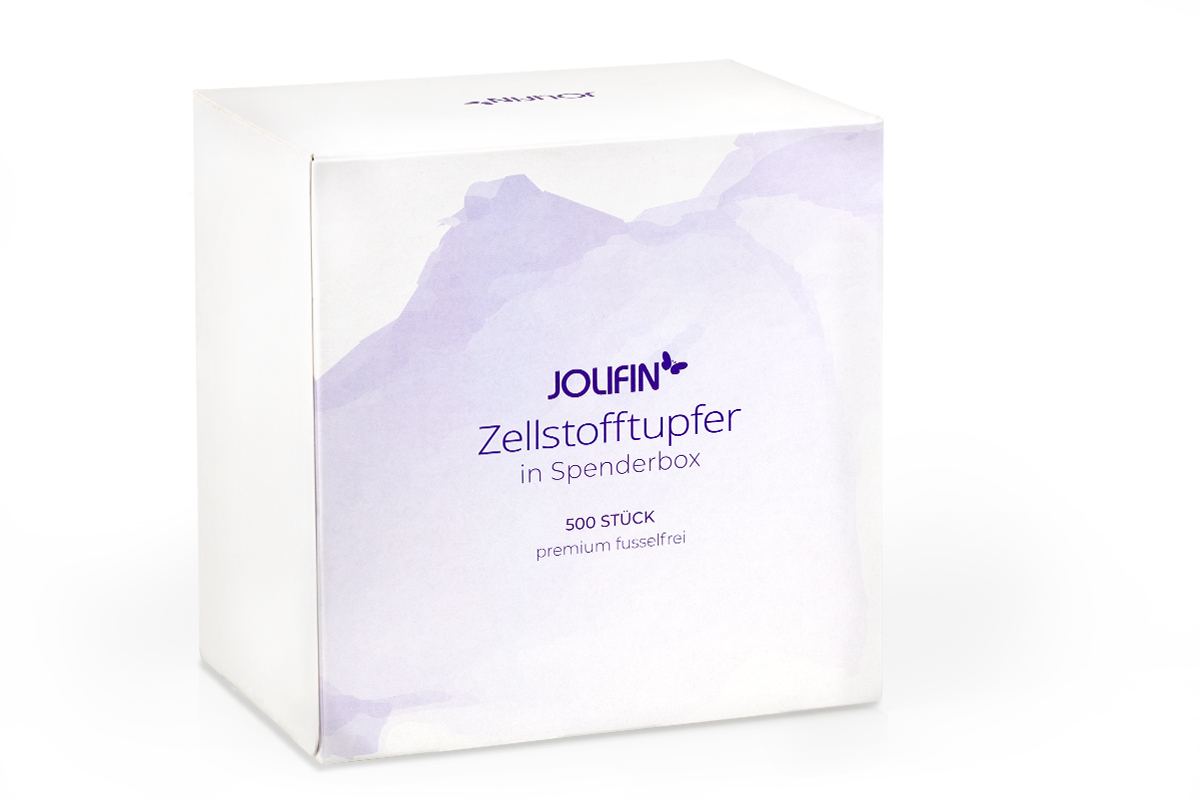 Jolifin 500 cellulose swabs in dispenser box - Premium lint-free