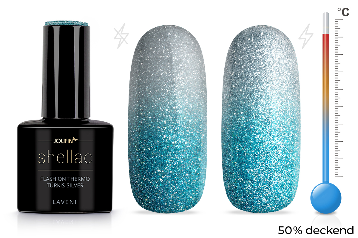 Jolifin LAVENI Shellac - FlashOn Thermo türkis-silver 10ml