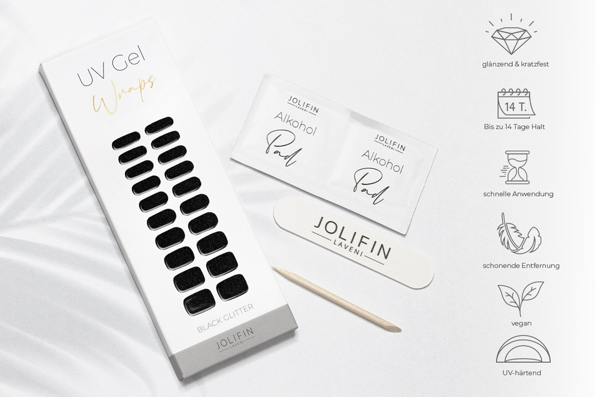Jolifin LAVENI UV Gel-Wraps - black Glitter