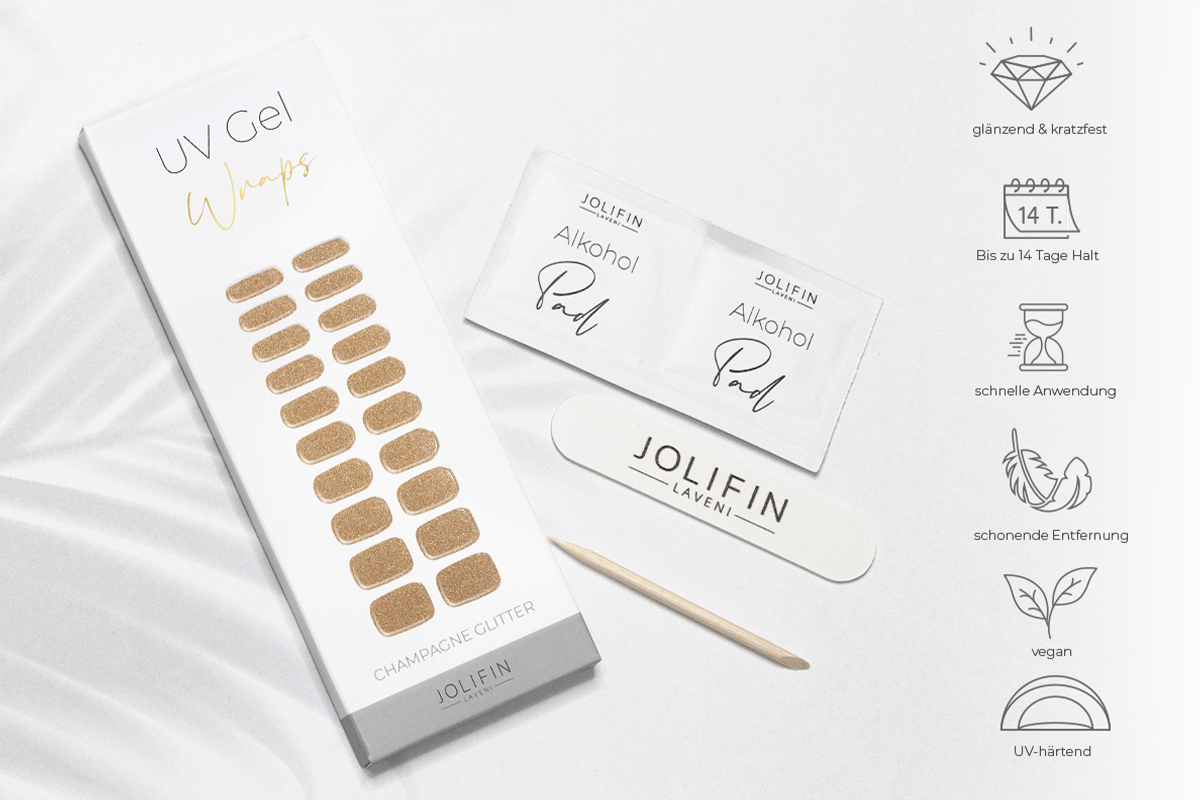 Jolifin LAVENI UV Gel Wraps - champagne glitter