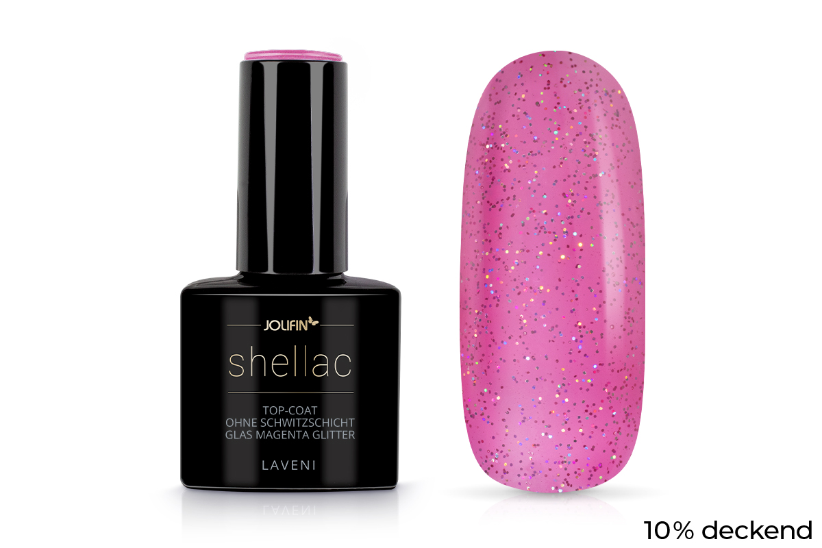 Jolifin LAVENI Shellac - Top-Coat ohne Schwitzschicht Glas magenta Glitter 10ml