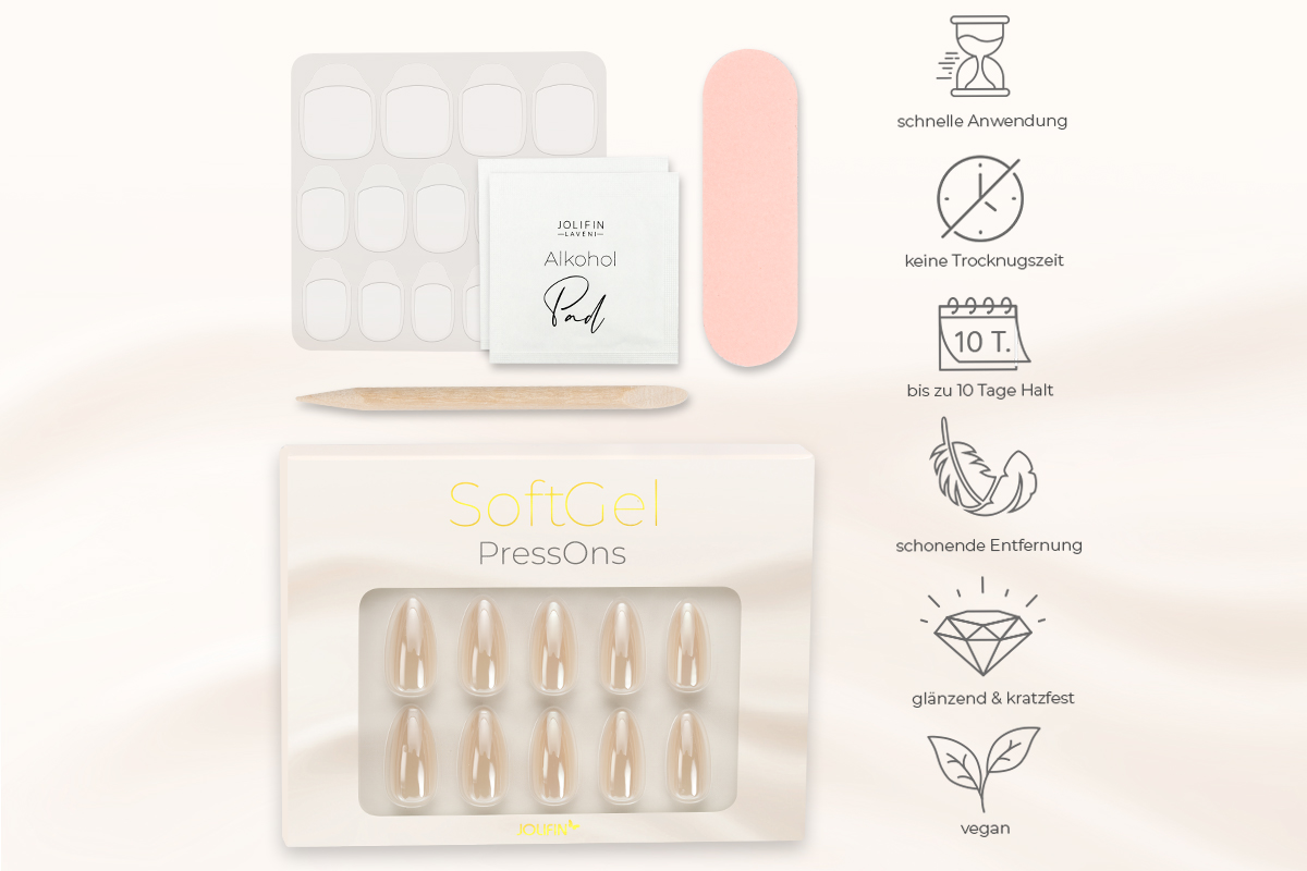 Jolifin SoftGel PressOns - medium almond - white pearl