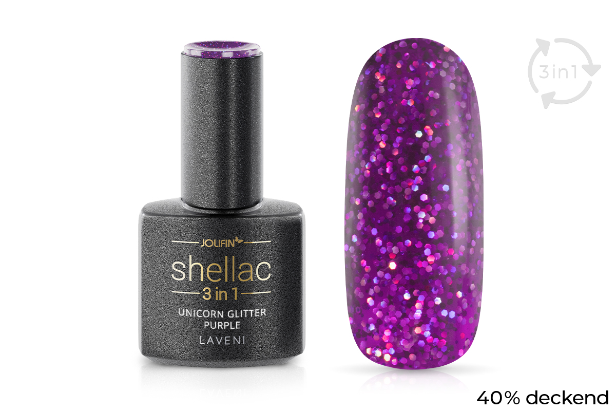 Jolifin LAVENI 3in1 Shellac - unicorn glitter purple 10ml