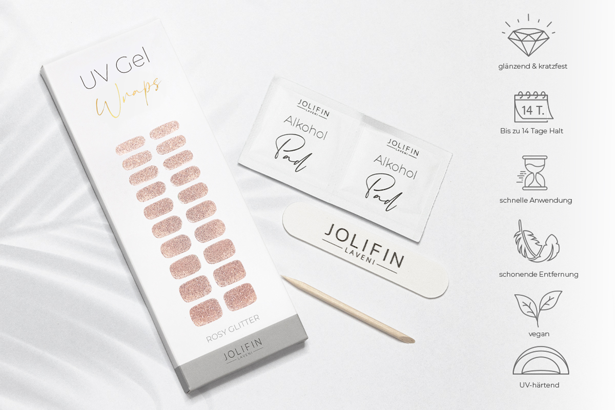 Jolifin LAVENI UV Gel-Wraps - rosy Glitter