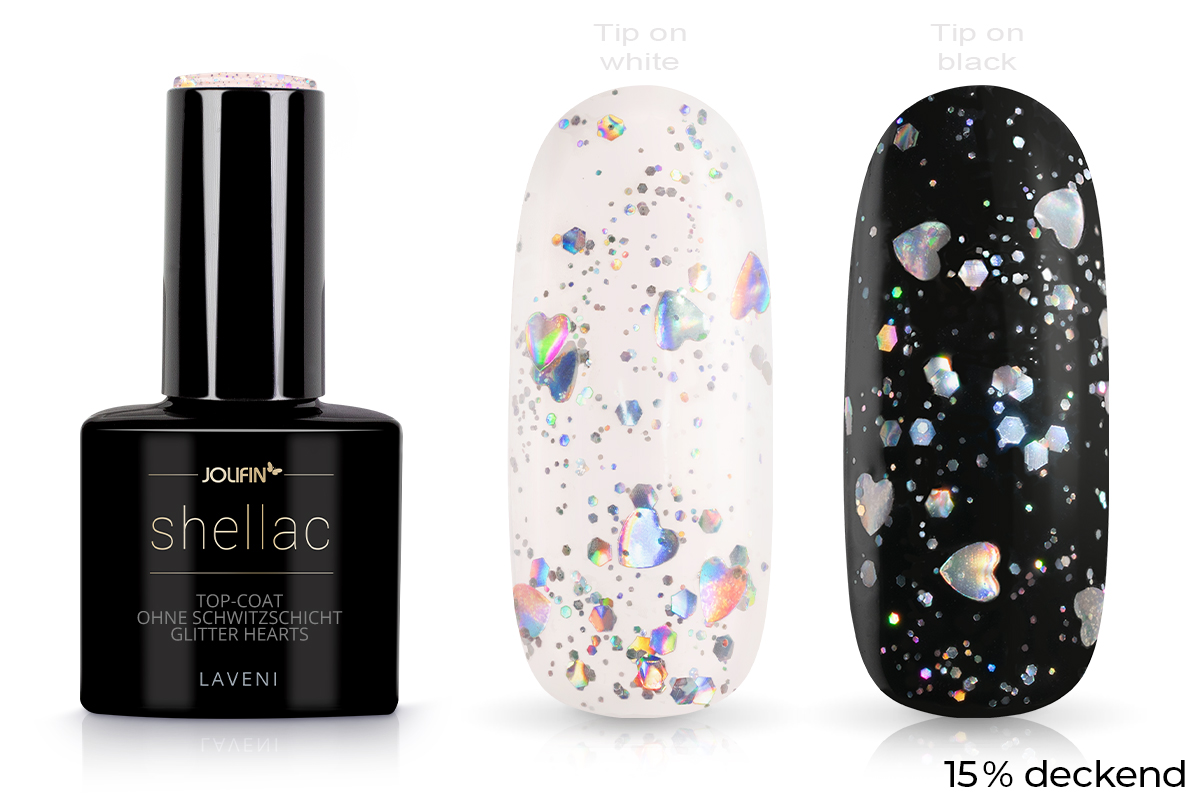 Jolifin LAVENI Shellac - Top-Coat ohne Schwitzschicht Glitter hearts 10ml