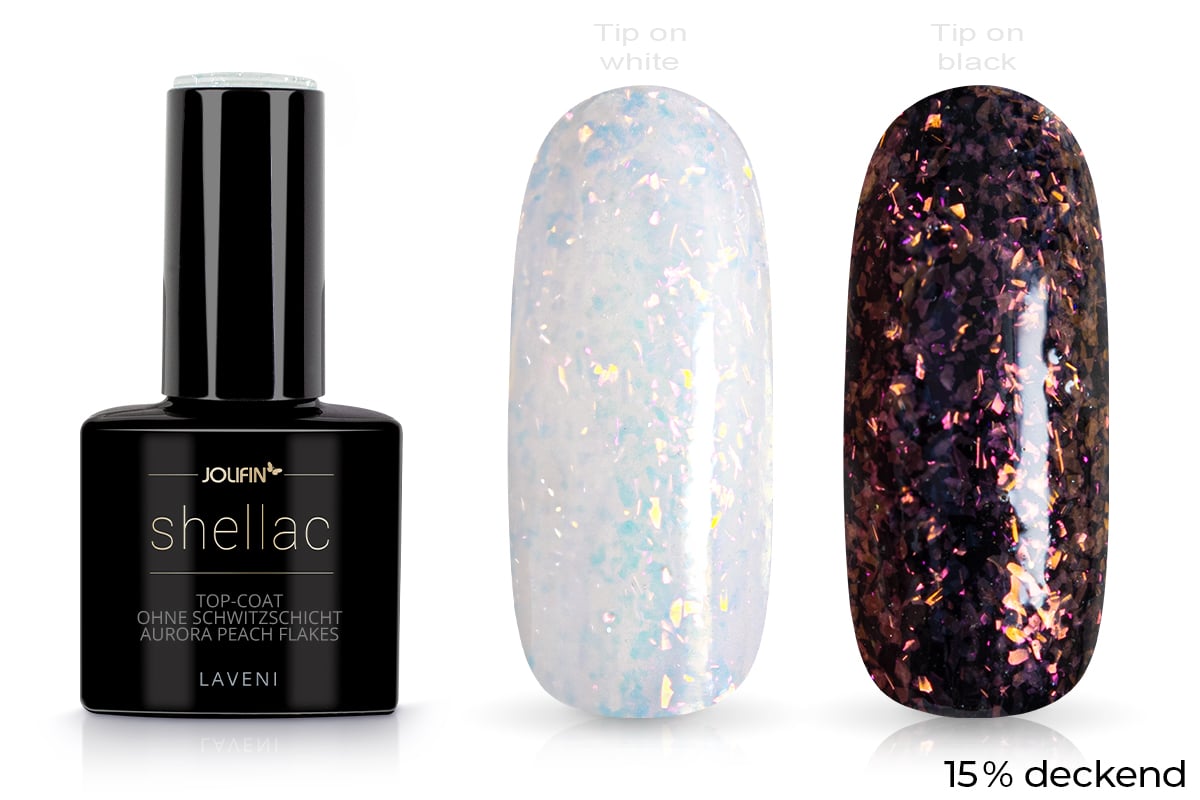 Jolifin LAVENI Shellac - Top-Coat ohne Schwitzschicht Aurora peach Flakes 10ml