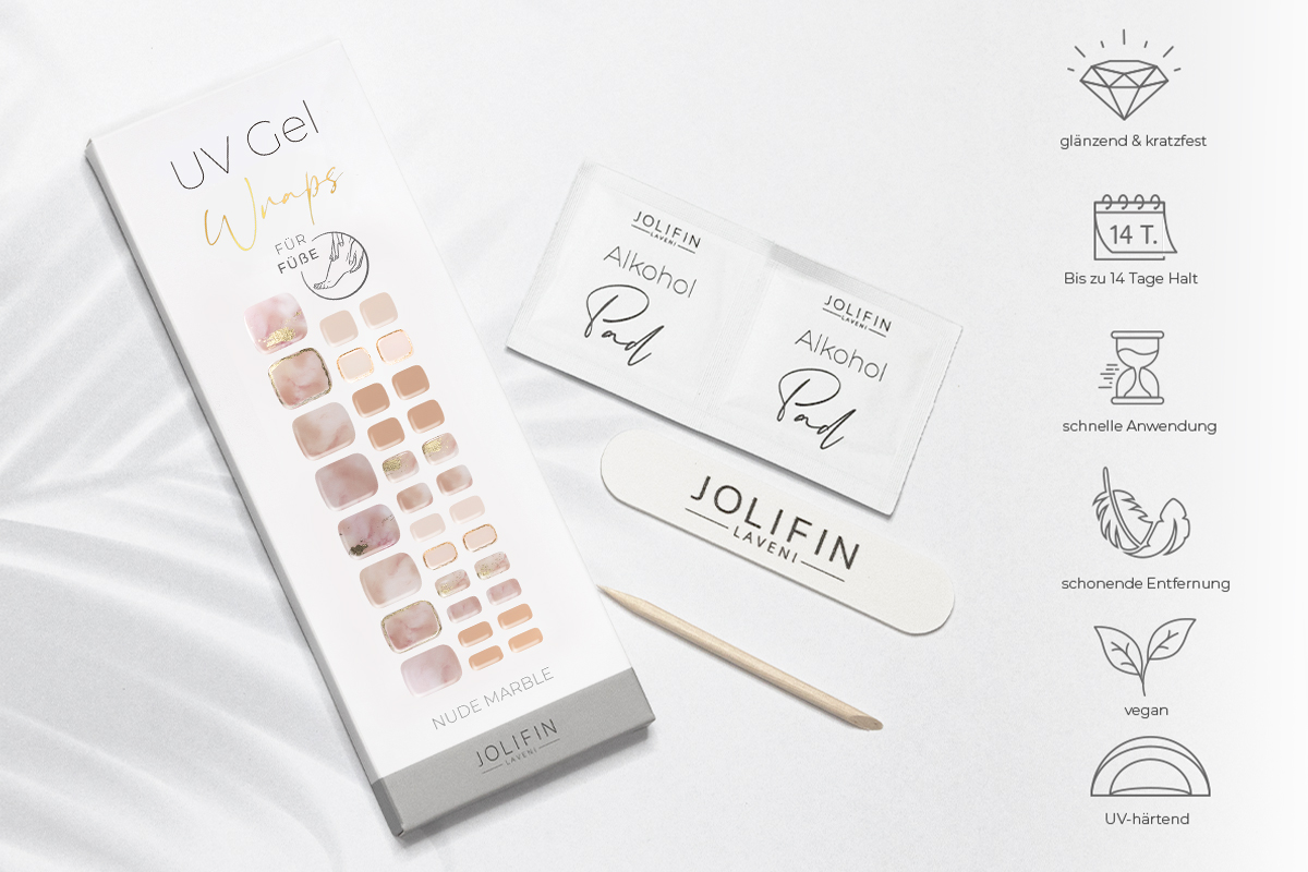 Jolifin LAVENI UV gel wraps for feet - nude marble