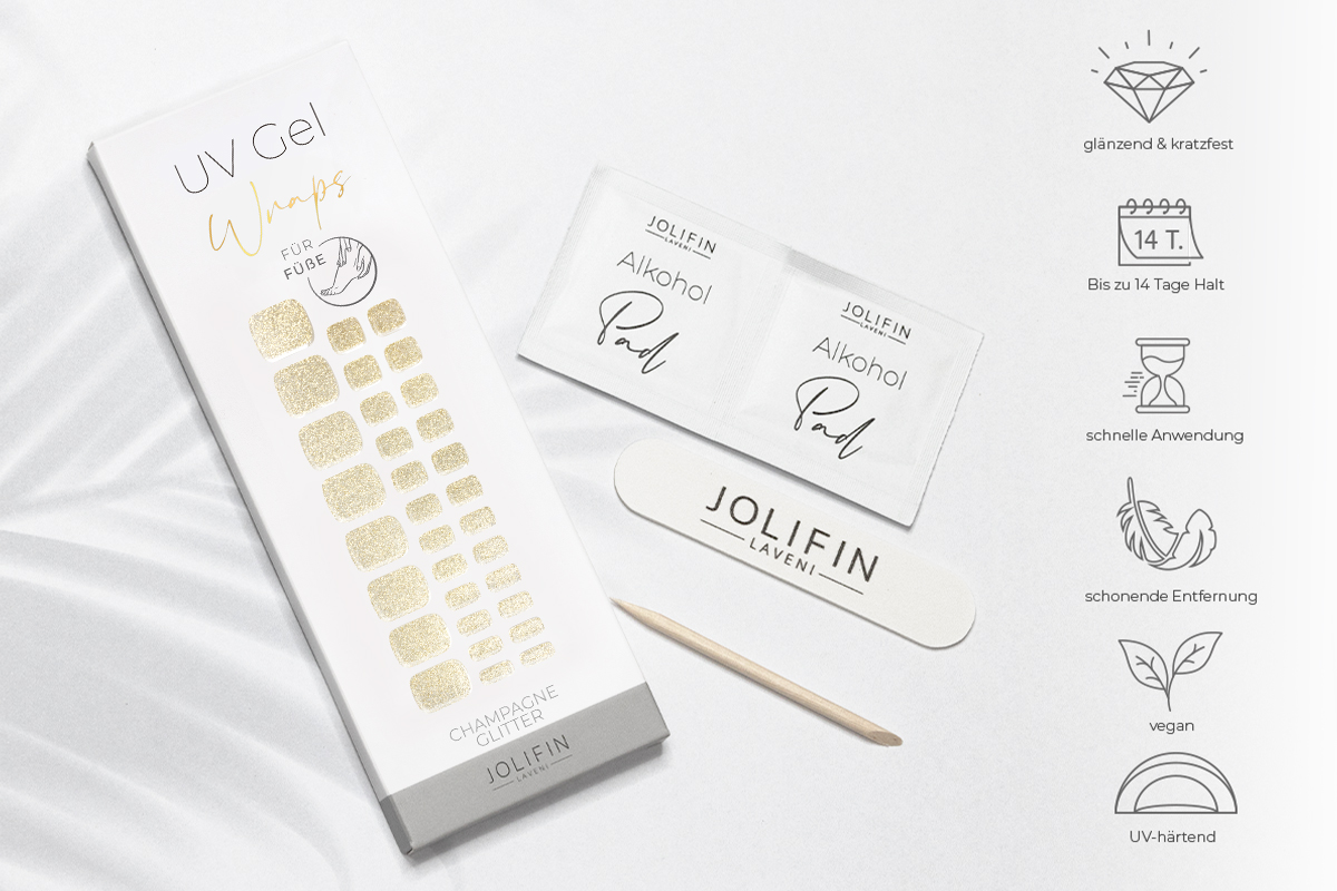 Jolifin LAVENI UV Gel-Wraps für Füße - champagne Glitter