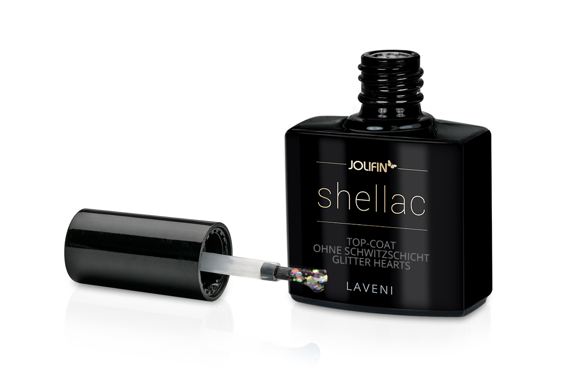 Jolifin LAVENI Shellac - Top-Coat ohne Schwitzschicht Glitter hearts 10ml