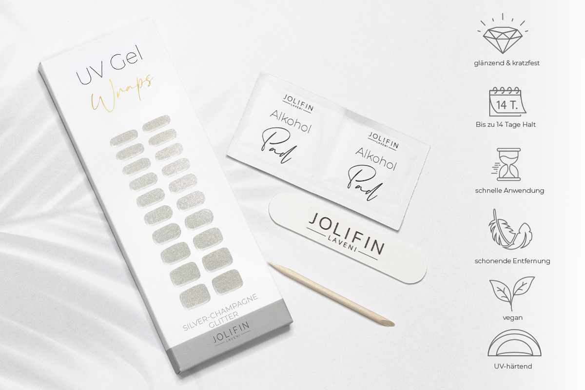 Jolifin LAVENI UV Gel-Wraps - silver-champagne Glitter