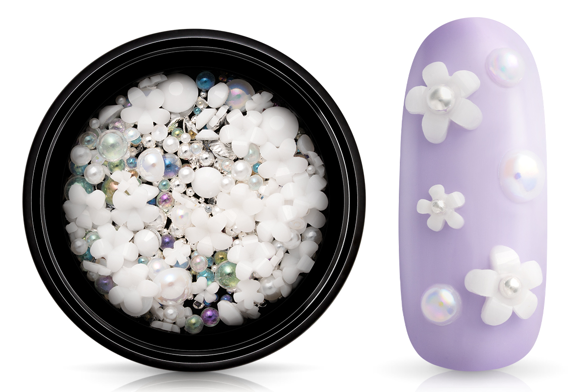 Jolifin Overlay & Perlen Mix - weiße Blumen