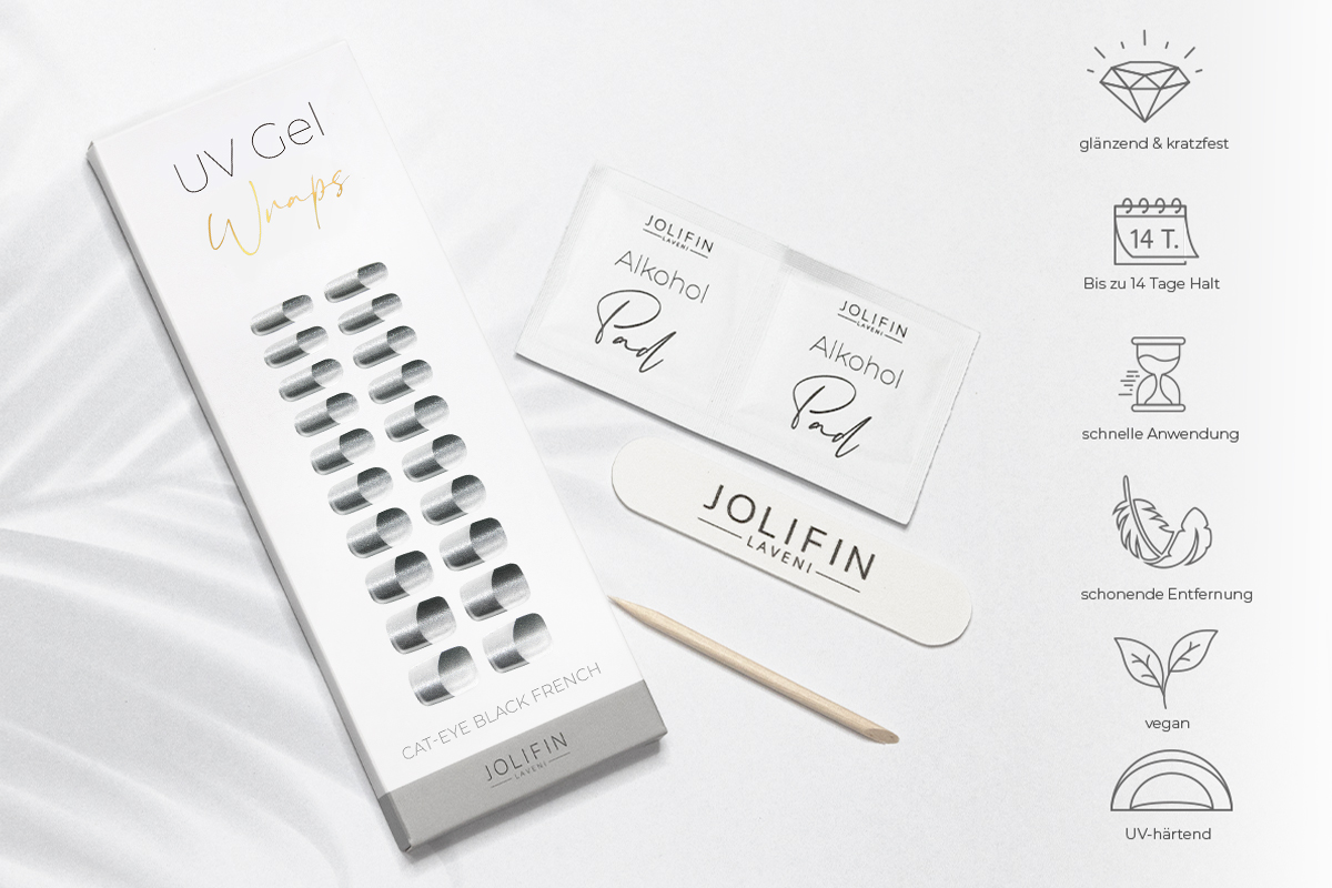 Jolifin LAVENI UV Gel-Wraps - Cat-Eye black French