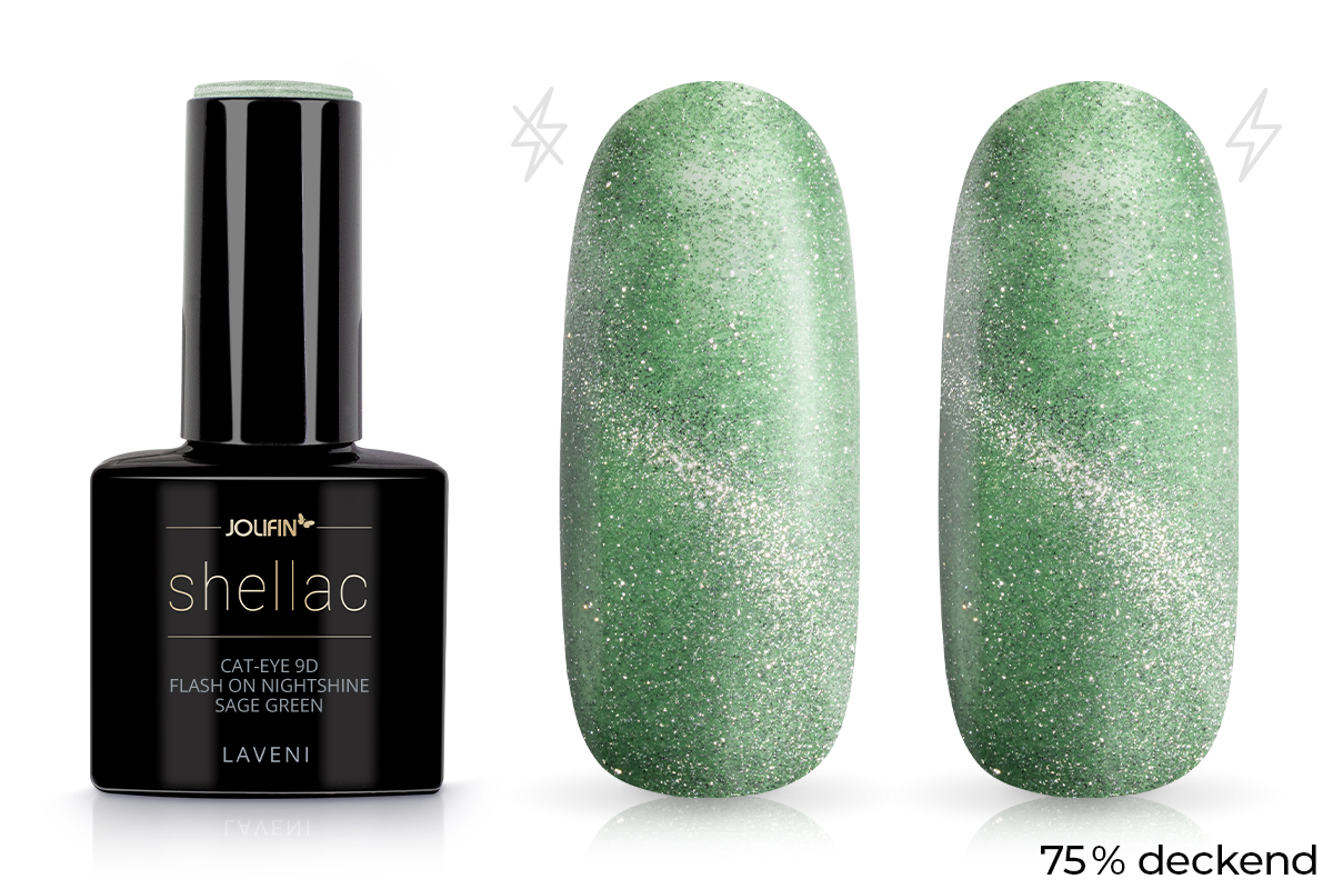 Jolifin LAVENI Shellac - Cat-Eye 9D FlashOn Nightshine sage green 10ml