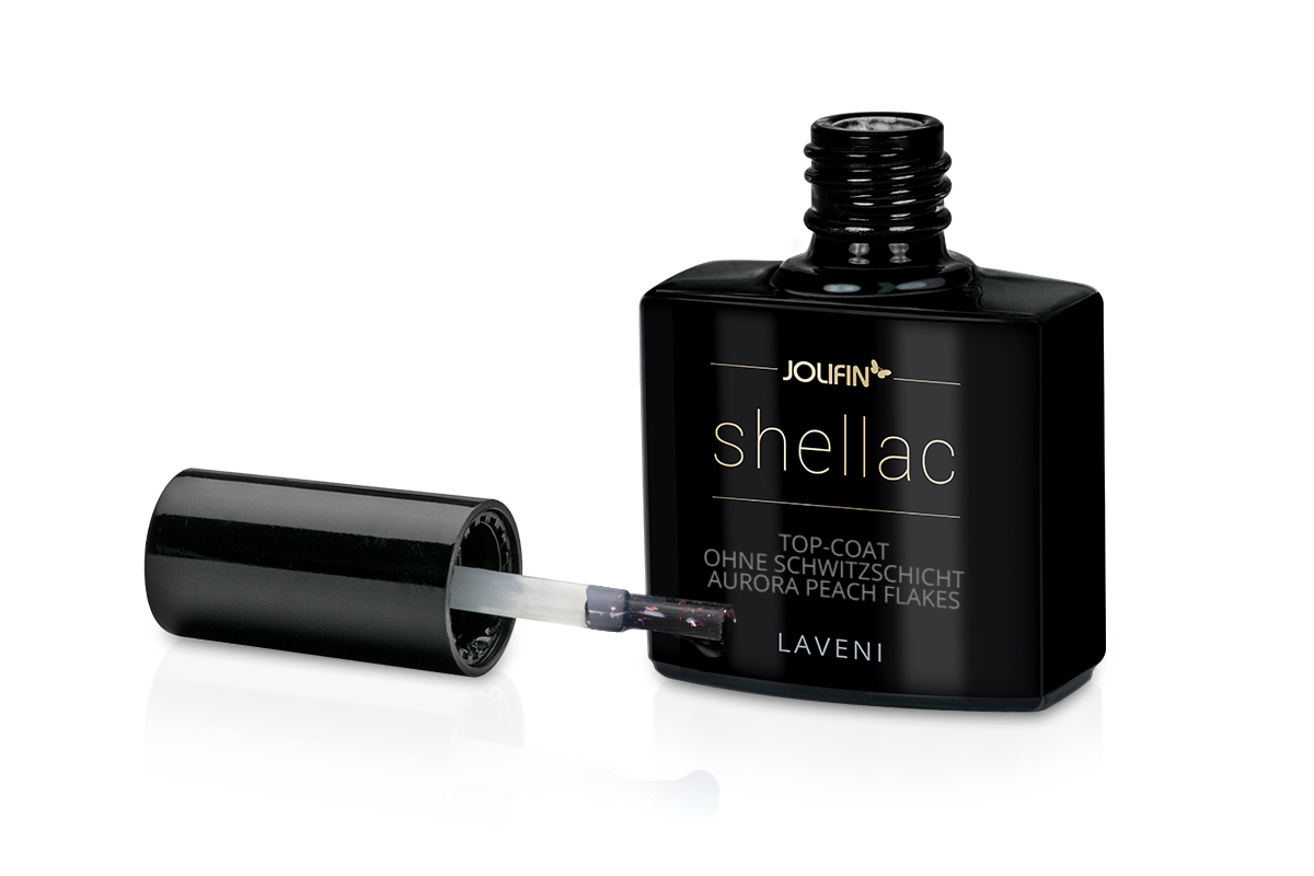 Jolifin LAVENI Shellac - Top-Coat ohne Schwitzschicht Aurora peach Flakes 10ml