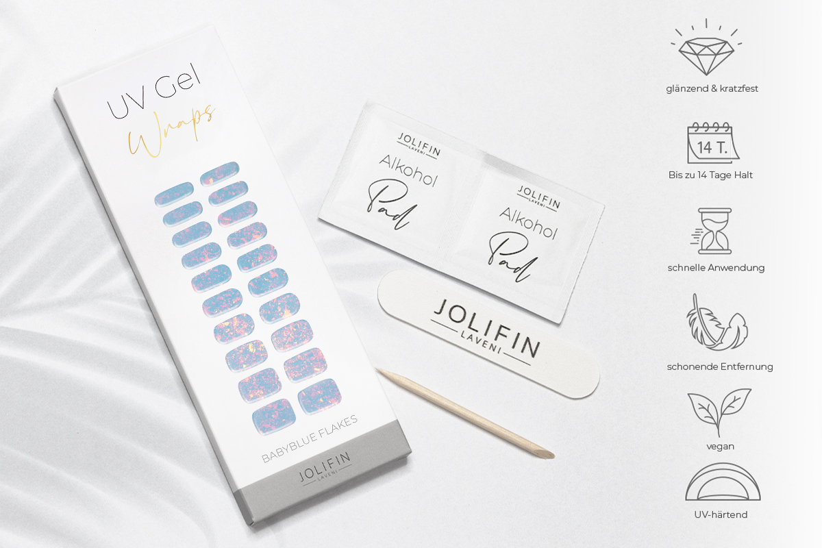 Jolifin LAVENI UV Gel-Wraps - babyblue Flakes