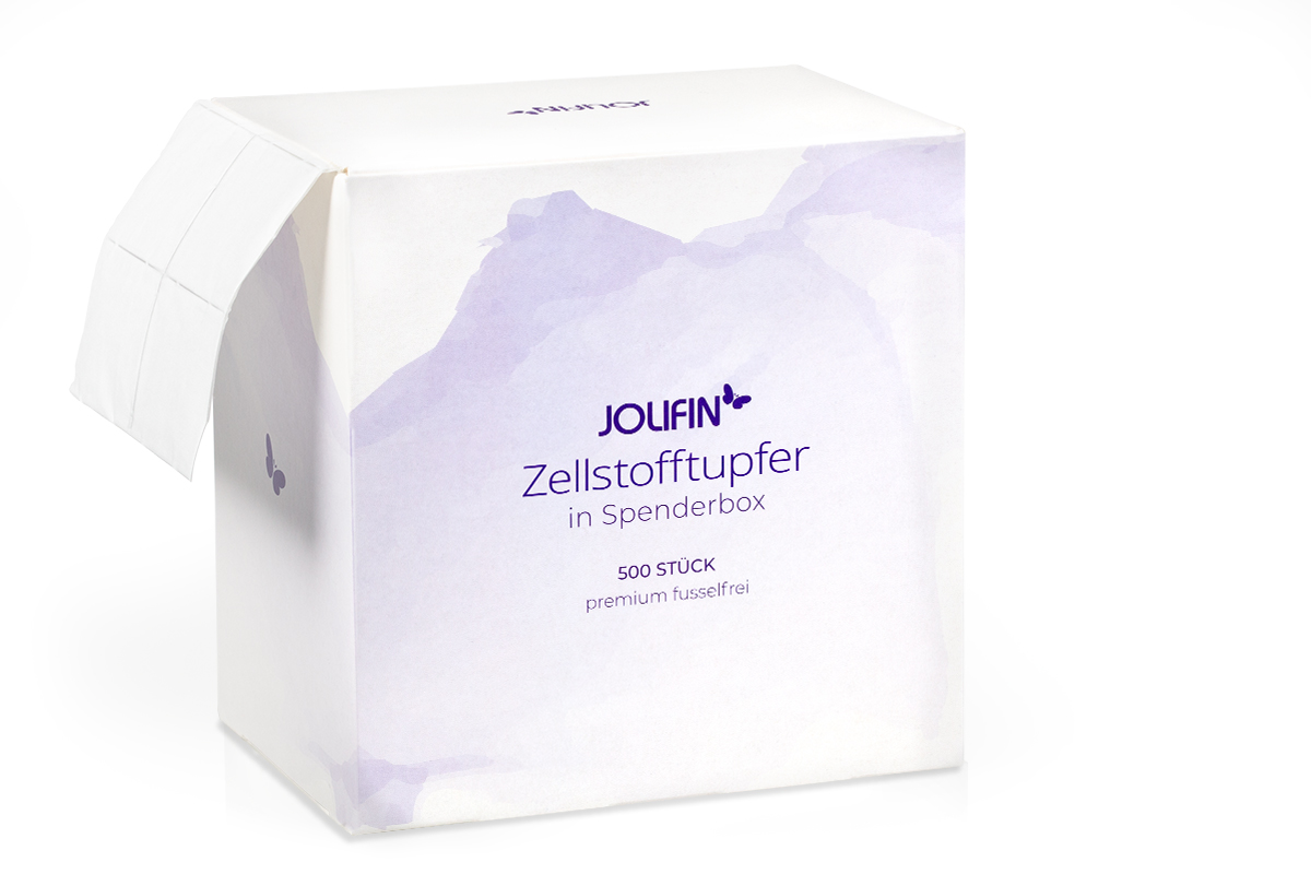Jolifin 500 cellulose swabs in dispenser box - Premium lint-free