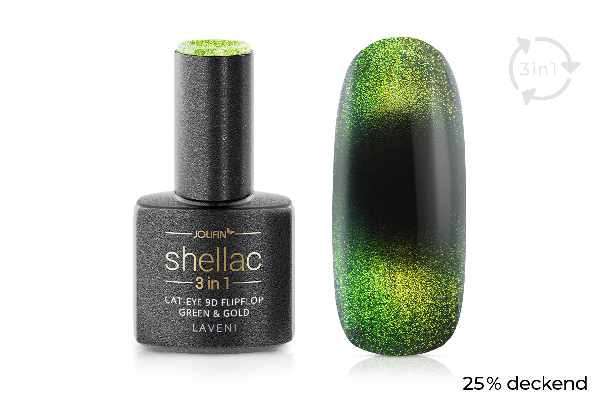 Jolifin LAVENI 3in1 Shellac - Cat-Eye 9D FlipFlop green & gold 10ml
