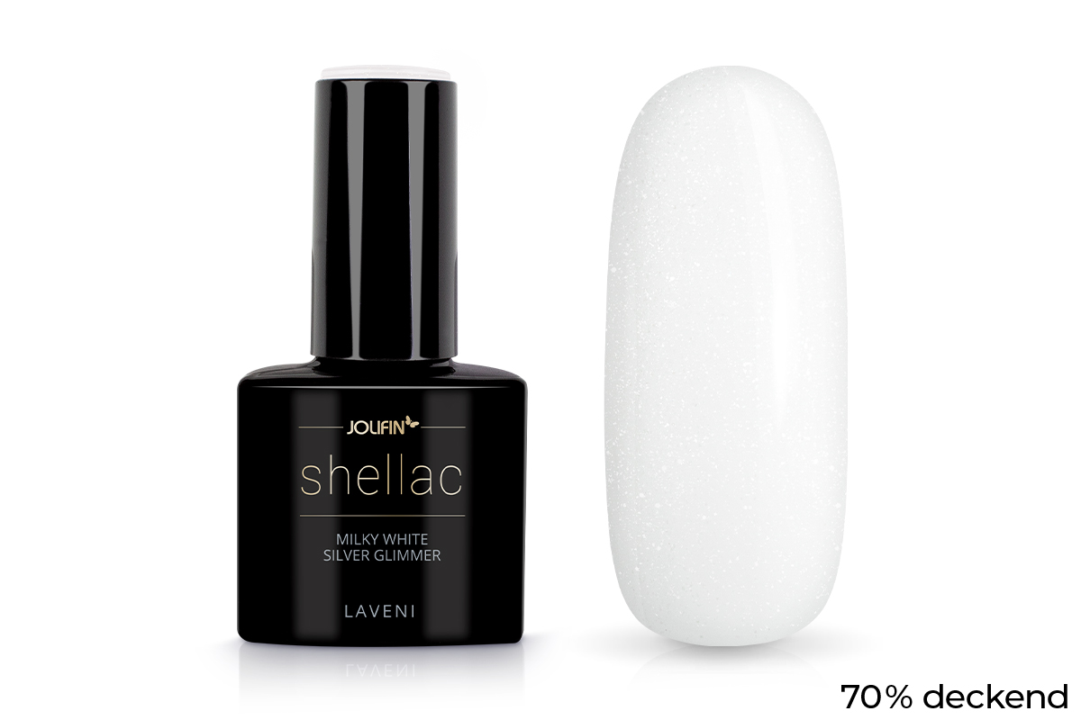 Jolifin LAVENI Shellac - milky white silver Glimmer 10ml