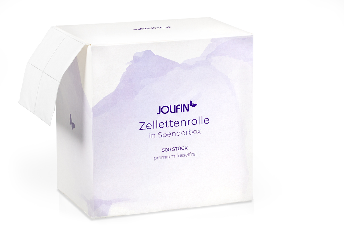 Jolifin 500er Zellettenrolle in Spenderbox - Premium fusselfrei 