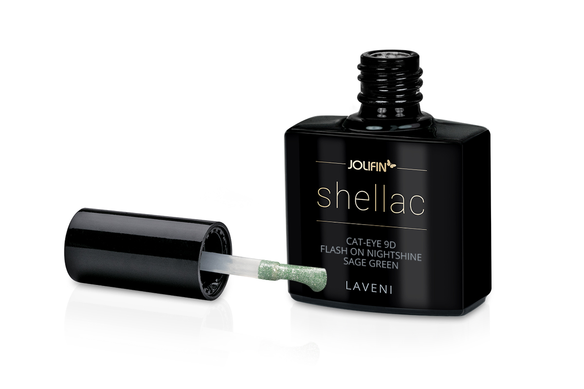 Jolifin LAVENI Shellac - Cat-Eye 9D FlashOn Nightshine sage green 10ml